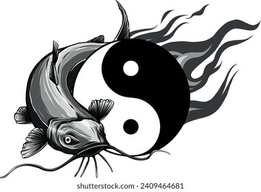 monochromatic illustration of Catfish with yin yang