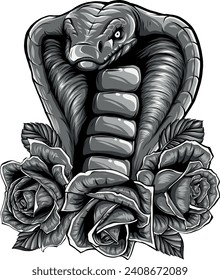 monochromatic illustration of cobra head with rose