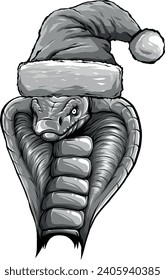 monochromatic illustration of cobra snake with christmas hat