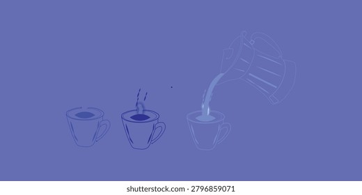 Monochromatic illustration of coffee being poured into one of three cups, steam rising from others, blue tones.