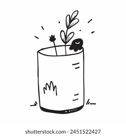 A monochromatic illustration of a cup adorned with blooming flowers, embodying a harmonious blend of liquid drinkware and natural plant elements in a captivating artistic gesture