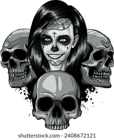 monochromatic illustration of Dead girl with skulls.