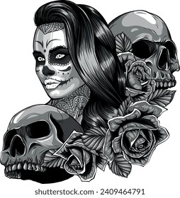 monochromatic illustration of Dead girl with two skulls.