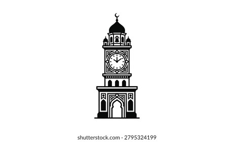 Monochromatic illustration of a detailed Islamic clock tower, featuring intricate architectural elements and a crescent moon atop its dome, isolated on a white background.