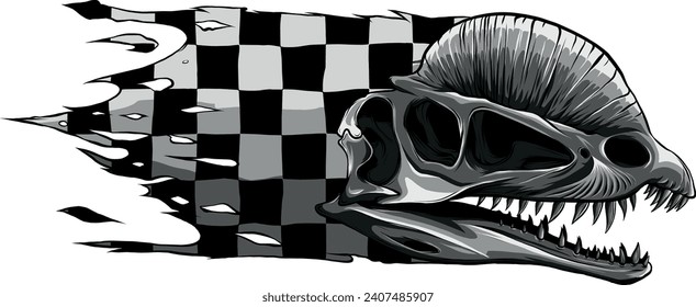 monochromatic illustration of dilophosaurus Skull with race flag