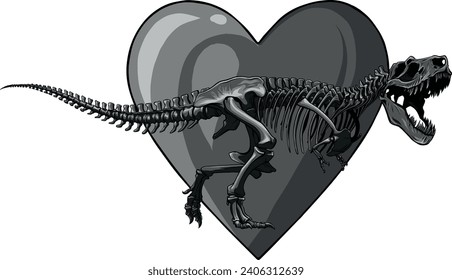 monochromatic illustration of dinosaur skeleton Tyrannosaurus with heart