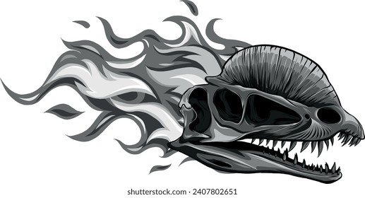 monochromatic illustration of Dinosaur Skull with flames