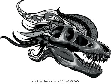 monochromatic illustration of dinosaur skull with mandala ornaments