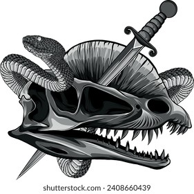 monochromatic illustration of dinosaur skull with snake around