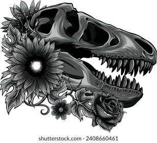 monochromatic illustration of dinosaur skull with tropical flowers