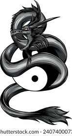 monochromatic illustration of dragon and Yin Yang symbol