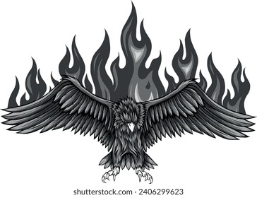 monochromatic illustration of eagle with flames design