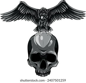 monochromatic illustration of eagle on human skull