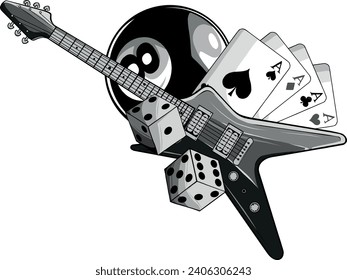 monochromatic illustration of Electric guitar with casino game