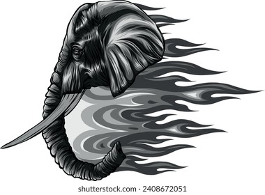 monochromatic illustration of Elephant head with flames