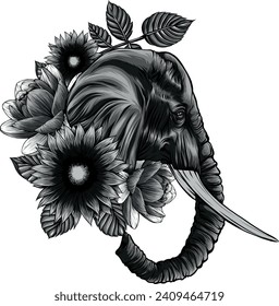 monochromatic illustration of elephant head in flowers