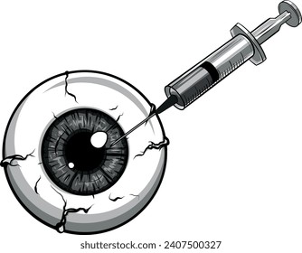 ilustración monocromática de un ojo y una jeringa.