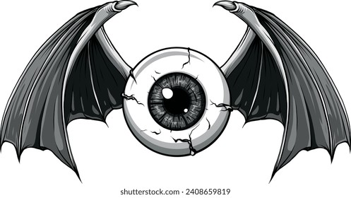 monochromatic illustration of Eyeball with bat wings