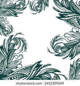 A monochromatic illustration of feathers on a blank canvas represents the interconnectedness between plants, organisms, and art in natureinspired textile design