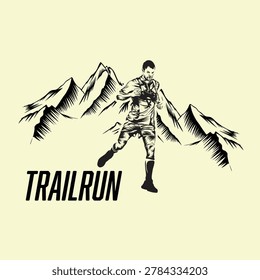 Monochromatic illustration features a male runner in dynamic motion against a backdrop of rugged, stylized mountains. The figure is detailed with muscular definition, wearing shorts and a shirt, conveying action and endurance. 