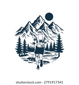 A monochromatic illustration features a man running on a trail surrounded by a natural landscape. Towering mountains rise in the background, with distinct jagged peaks. The path winds through a forest of coniferous trees, suggesting a rugged outdoor setting. A sun or moon is depicted in the sky. The runner, wearing shorts and a cap, appears focused, illustrating a theme of endurance and connection with nature.