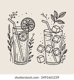 A monochromatic illustration featuring two refreshing drinks in tall glasses with straws, one with lemon slices and the other with ice cubes. Surrounding the glasses are botanical elements. 