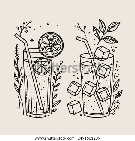 A monochromatic illustration featuring two refreshing drinks in tall glasses with straws, one with lemon slices and the other with ice cubes. Surrounding the glasses are botanical elements. 