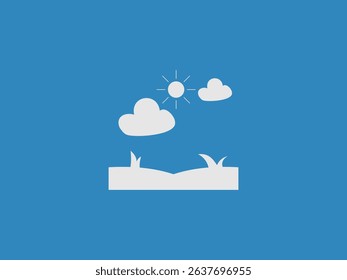 A monochromatic illustration featuring white silhouettes of hills