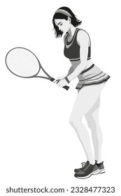 Monochromatic illustration of a female tennis player in sportswear holding a racket looking down