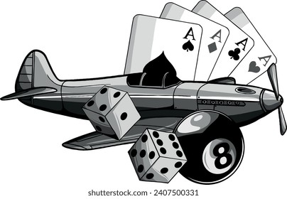 monochromatic illustration of fighter airplane with pub game