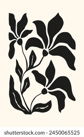 A monochromatic illustration of a flowering plant with delicate petals and leaves in Matisse style. Modern design template for interior decoration, banner, cover, print, postcard.