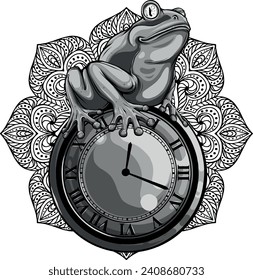 monochromatic illustration of frog sitting on clock