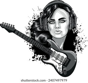 monochromatic illustration of Girl with electric guitar