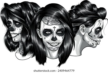 monochromatic illustration of Girls with skeleton make up