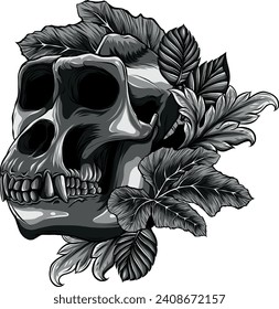 monochromatic illustration of Gorilla monkey skull with leaves