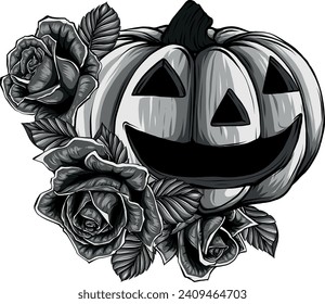 monochromatic illustration of halloween pumpkin with roses