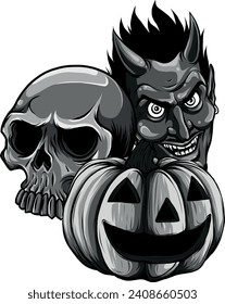 monochromatic illustration of Halloween pumpkin with skulls