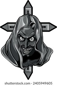 monochromatic illustration of hooded devil head with cross