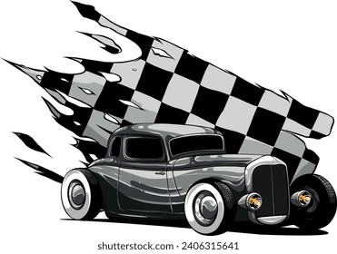 monochromatic illustration of hot rod car with race flag