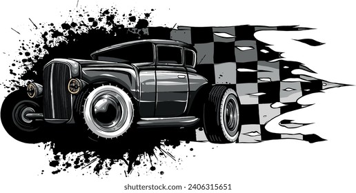 monochromatic illustration of hot rod car with race flag