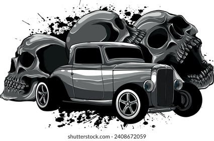 monochromatic Illustration of hot rod car with skulls
