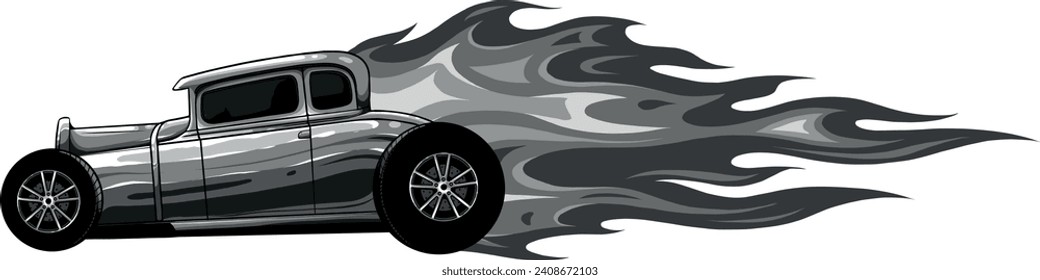 monochromatic illustration of hot rod car with flames