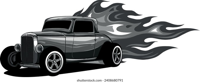 monochromatic illustration of hot rod car with flames