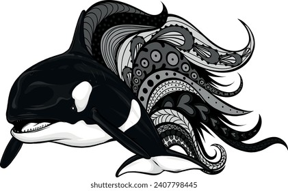 ilustración monocromática de ballena asesina con ornamento de mandala