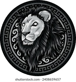 monochromatic illustration of Lion head with circular ornaments