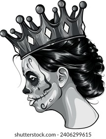 monochromatic illustration of mexican woman skull with crown