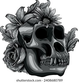 monochromatic illustration of monkey skull with flower