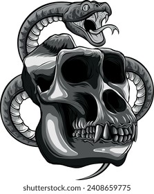 monochromatic illustration of monkey skull with snake around