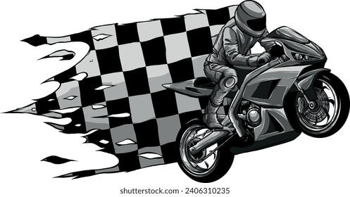 monochromatic illustration of motorbike with flag racer