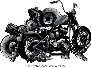 monochromatic illustration of motorbike with Spares design